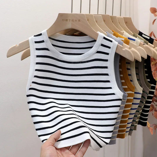 Women's Striped Sleeveless Tank Top — Knitted Crop Summer & Spring Casual Slim Fit Vest Camis