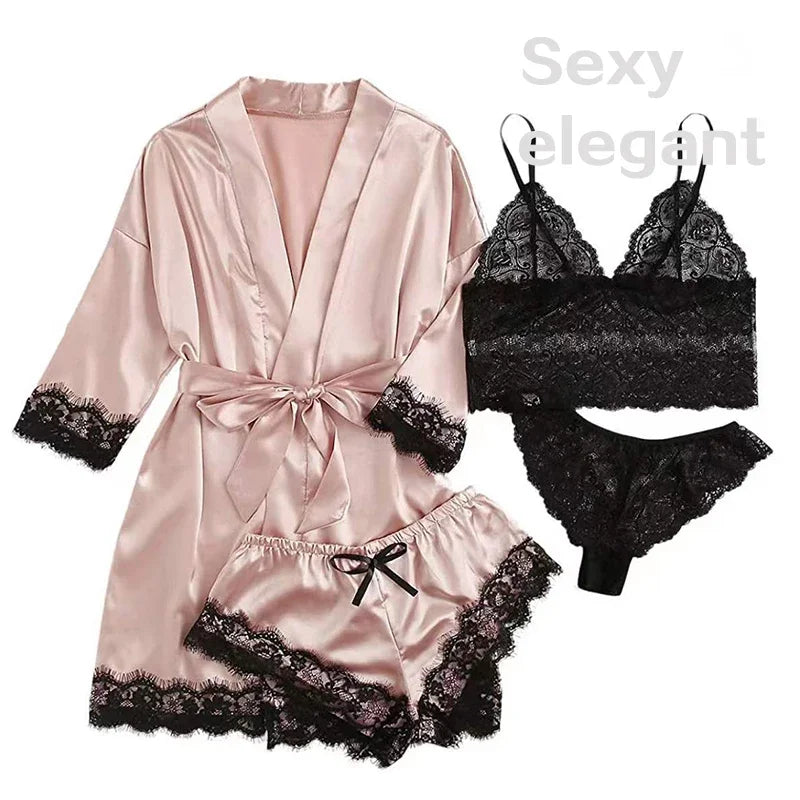 4 Piece Women's Sleepwear Pajama Set – Sexy Lace Lingerie, Silk Satin Bathrobe, Nightwear Robe for Home Clothed Comfort