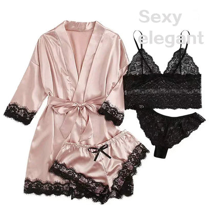 4 Piece Women's Sleepwear Pajama Set – Sexy Lace Lingerie, Silk Satin Bathrobe, Nightwear Robe for Home Clothed Comfort