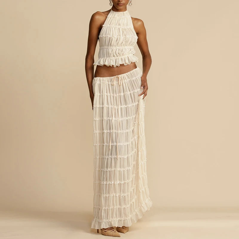 Women’s Boho Sexy Backless 2-Piece Set – Vintage Ruched Halter Cami Top & Maxi Skirt Beach Holiday Party Outfit