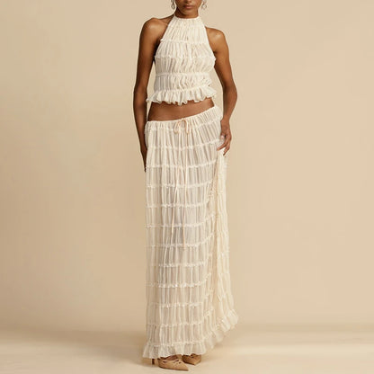 Women’s Boho Sexy Backless 2-Piece Set – Vintage Ruched Halter Cami Top & Maxi Skirt Beach Holiday Party Outfit