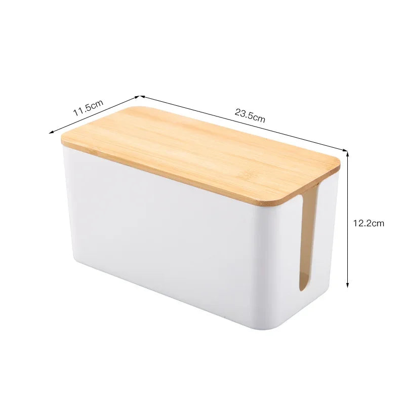 Creative Bamboo Wire Management Box — Cable, Plug, and Power Cord Organizer with Wooden Cover
