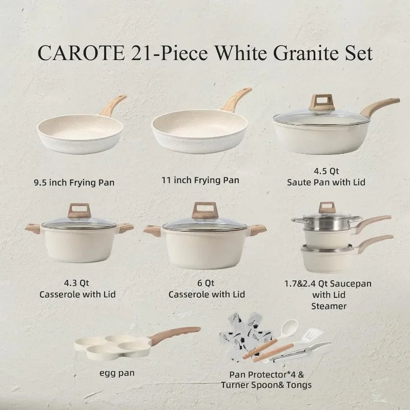 CAROTE 21 Piece White Granite Nonstick Cookware Set - Induction-Ready Pots, Pans, and Frying Pans