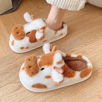 Women’s Fluffy Cartoon Cow Slippers – Cute Casual Flat Plush Winter Platform Shoes for Home
