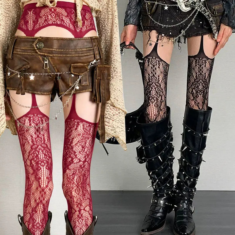 Lolita Punk Style Floral Thigh High Tights for Women, Sheer Colorful Fishnet Suspender Stockings with Garter Belt Pantyhose