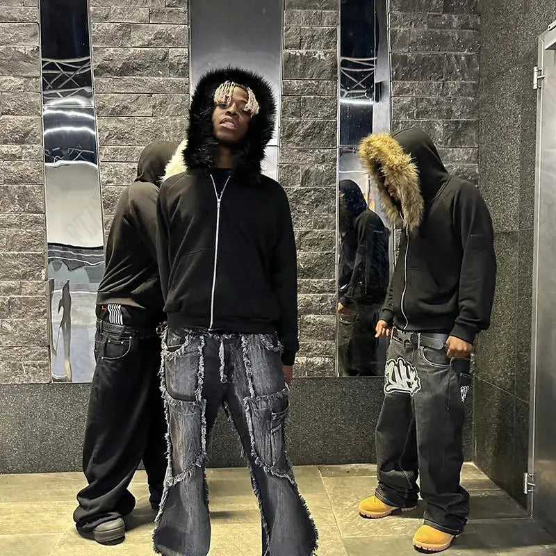 Y2K Zip-Up Hoodie with Faux Fur Collar – Harajuku Rock Goth Retro Punk Loose Jacket for Hip Hop Streetwear