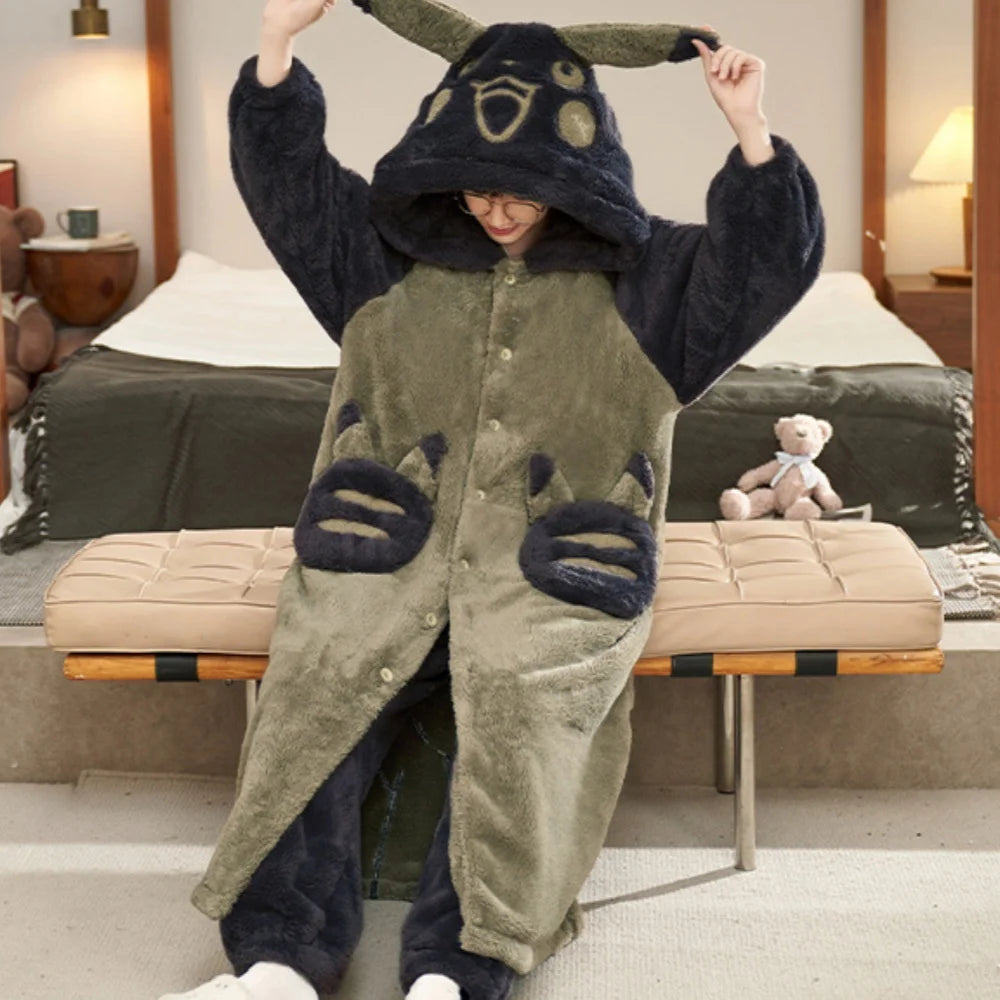Gengar Pokemon Pajamas Set — Men’s Large Winter Coral Fleece Hooded Nightgown, Thick Warm Anime Home Suit