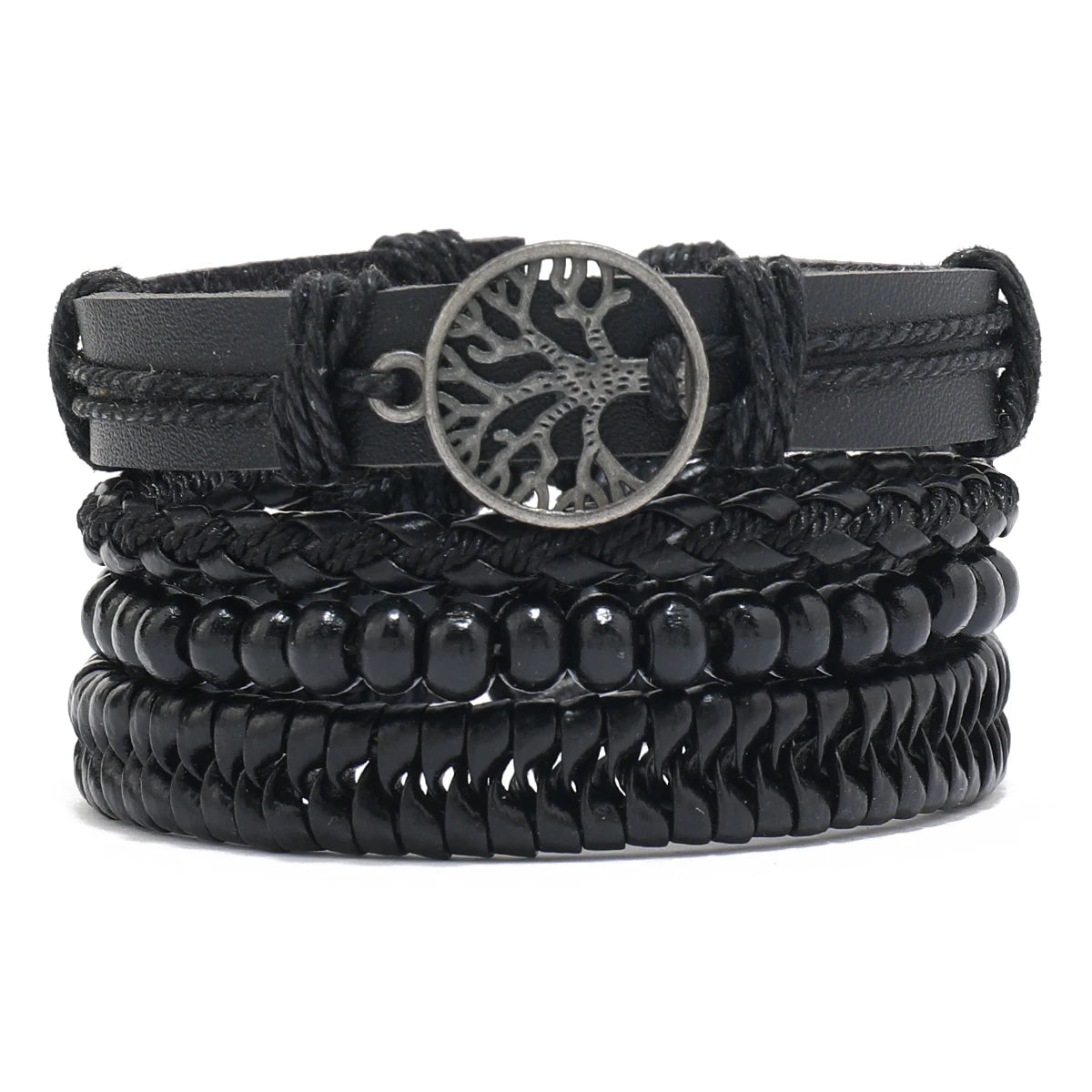 4Pcs Men's Braided Leather Bracelets Set – Vintage Life Tree & Rudder Charms, Wood Beads, Ethnic Tribal Wristbands