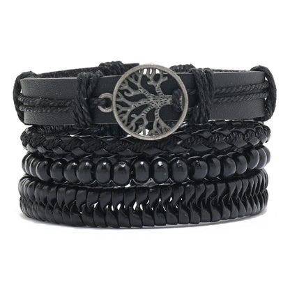 4Pcs Men's Braided Leather Bracelets Set – Vintage Life Tree & Rudder Charms, Wood Beads, Ethnic Tribal Wristbands