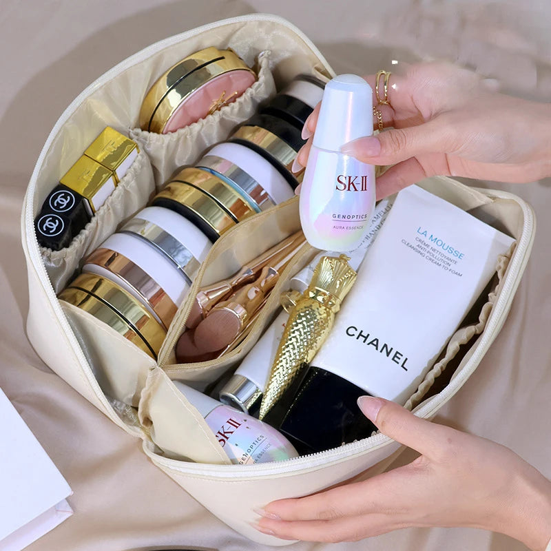 Large Capacity Leather Travel Cosmetic Bag: Waterproof Women's Makeup Case - Portable Multifunctional Toiletry Organizer