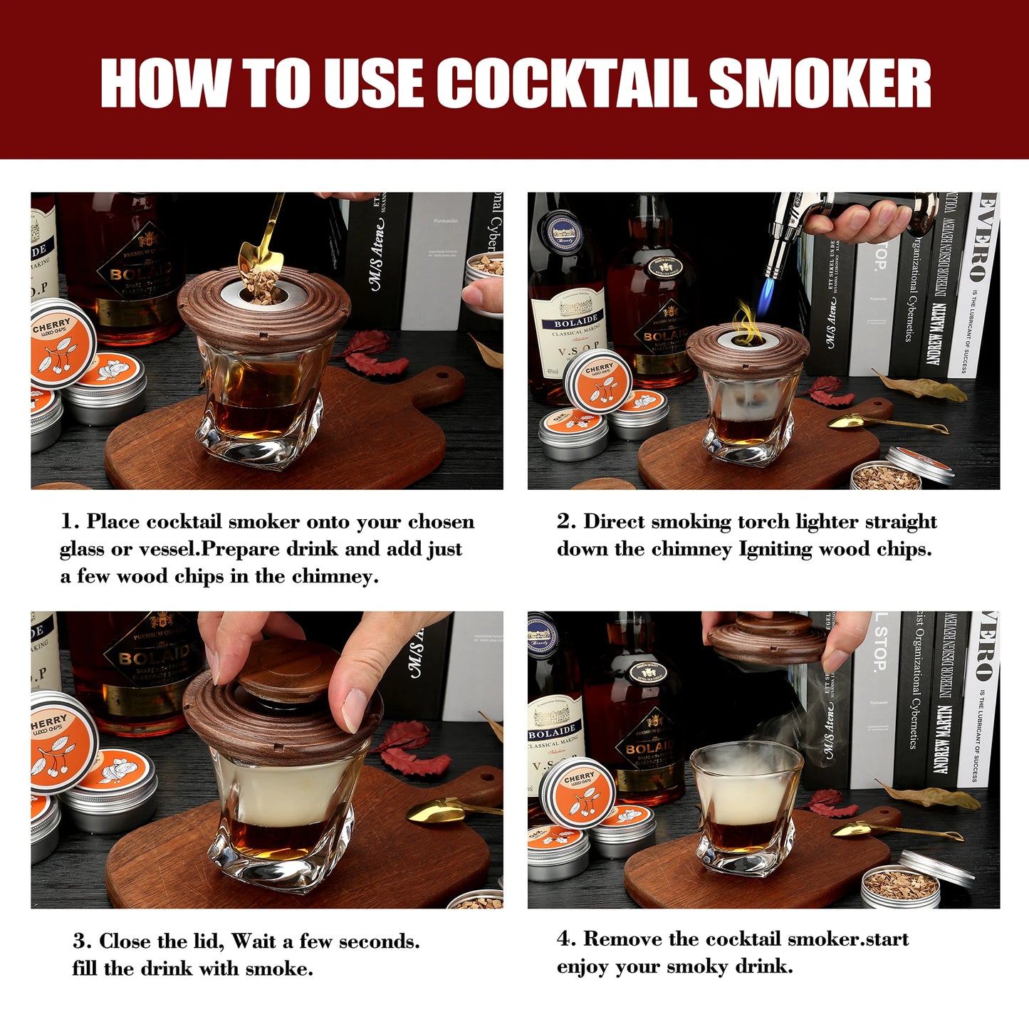 Cocktail Smoker Kit – Whiskey Smoking Set with 4 Wood Chips, Old Fashioned Drinks Accessories