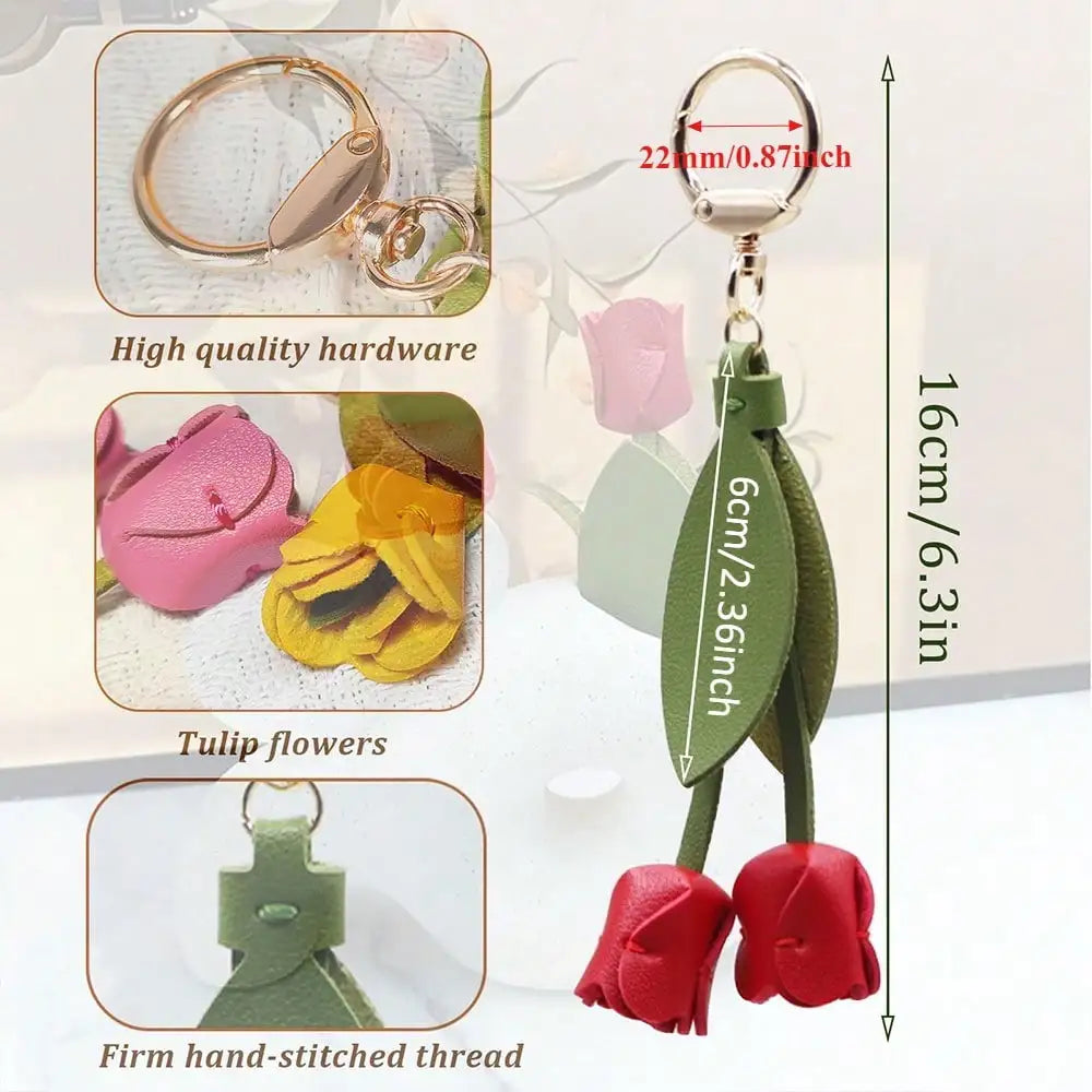 Fashion Tulip PU Leather Bag Charm Keychain – Cute Flower & Leaf Pendant, Creative Handbag Decoration Gift for Family & Friends