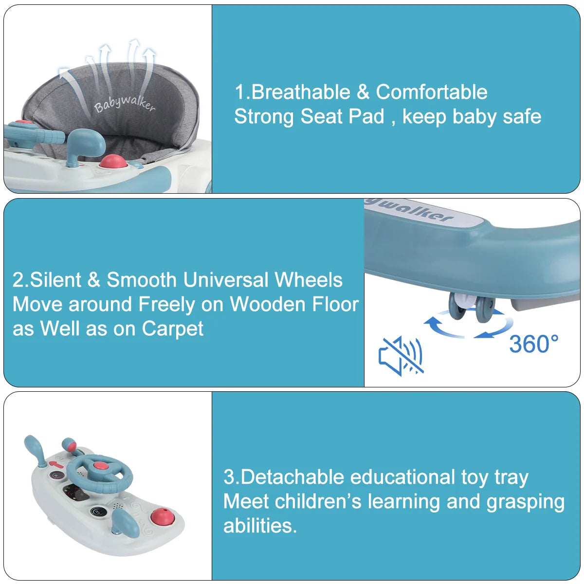 UBRAVOO 2-in-1 Push Walker for Infants & Toddlers – Foldable with Detachable Feeding and Music Trays