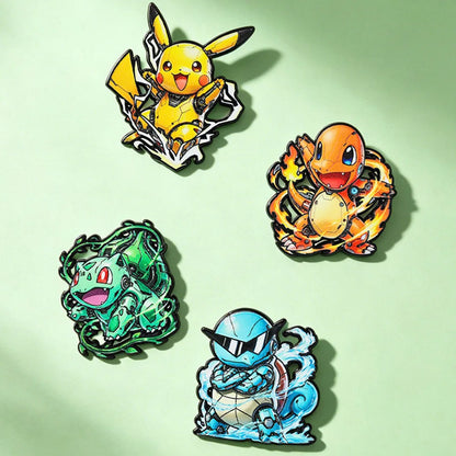 4-Piece Pokémon Enamel Pin Set - Charmander, Bulbasaur & Squirtle Metal Brooch Badges for Backpacks and Anime Fans