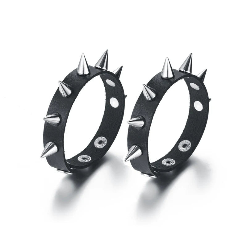 Spiked Black PU Leather Bracelet Set – Punk Rock Metal Wristband for Men, Goth Bangle Accessories