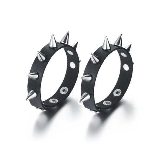Spiked Black PU Leather Bracelet Set – Punk Rock Metal Wristband for Men, Goth Bangle Accessories
