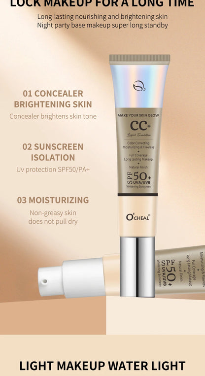 Ocheal 30g CC Cream Foundation – Waterproof Concealer, SPF 50+ Moisturizing Sunscreen, Long-Lasting Brightening Makeup Primer