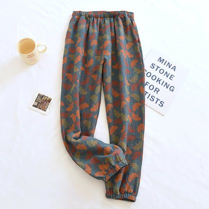2025 Spring Summer Women's Pajama Pants – 100% Cotton Crepe Loose Fit Leaf Print Home Wear Bottoms