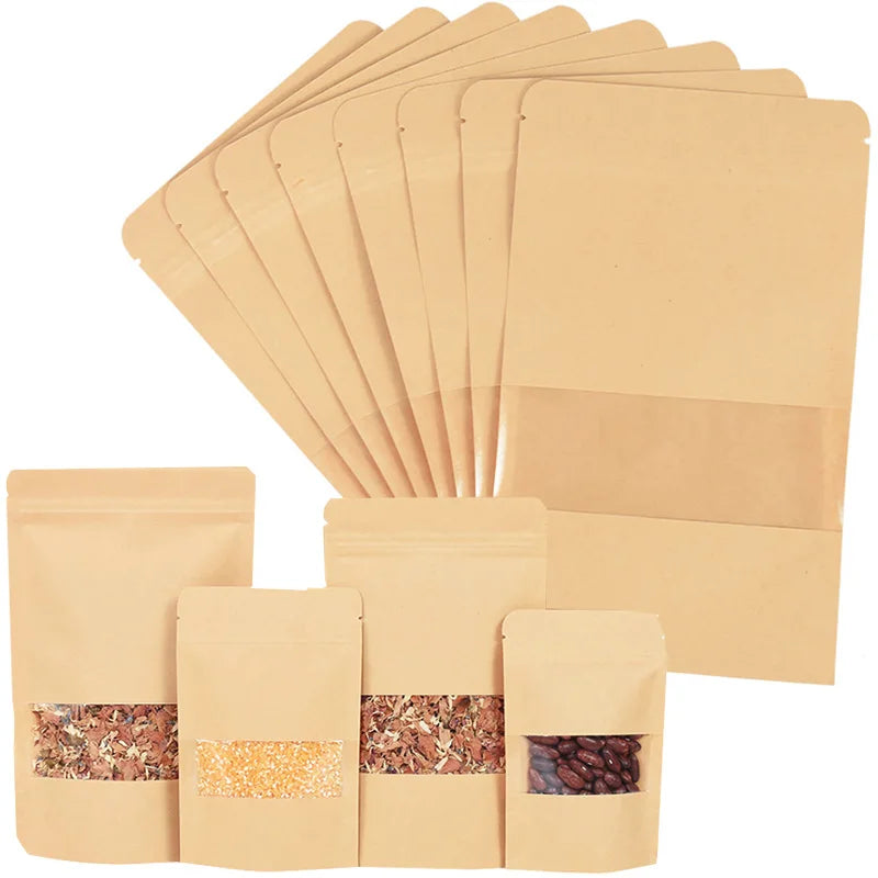 20/50pcs Kraft Paper Zip Lock Bags with Window - Self-Sealing Storage for Food, Snacks, Tea, Wedding, Home Candy Gifts, and Packaging Pouch