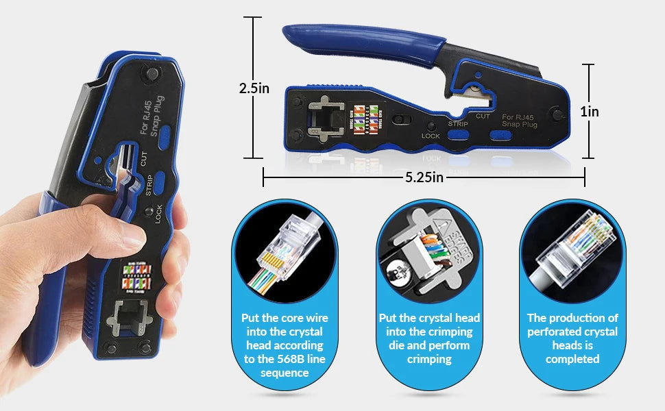 ZoeRax Pass-Through RJ45 Crimping Tool — All-in-One Crimper & Cutter for Cat6a/Cat6/Cat5 8P8C Ethernet