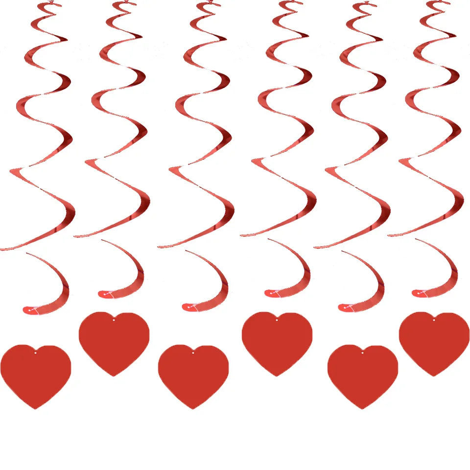 6Pcs Red/White Heart Love Spiral Swirl Garland - Hanging Decorations for Valentine's Day, Wedding, Anniversary Party with Balloon Straws