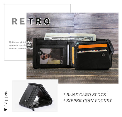 CONTACT'S Genuine Crazy Horse Leather Trifold Wallet – Vintage Men's Cowhide Wallet with Zip Coin Pocket
