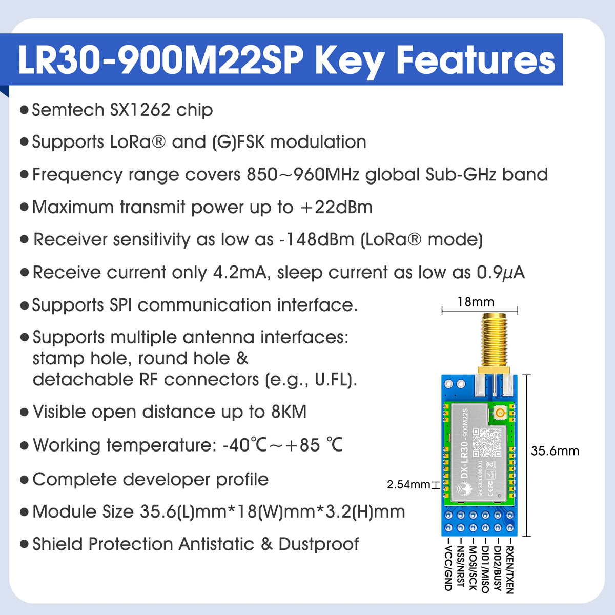 SX1262 LoRa Wireless Module - DX-LR30 22dBm Long-Range RF Module 433/475/868/915MHz