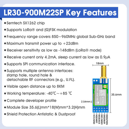 SX1262 LoRa Wireless Module - DX-LR30 22dBm Long-Range RF Module 433/475/868/915MHz