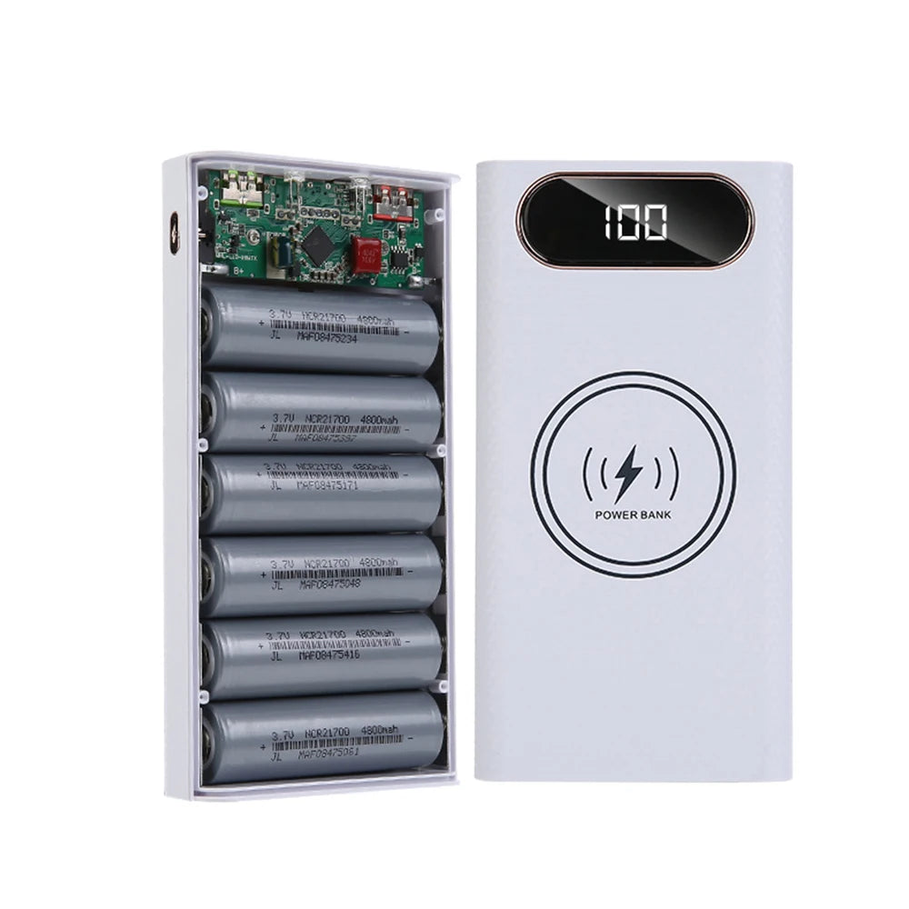 6x21700 Battery Charger Box – DIY Power Bank Holder with Dual USB & LED Light