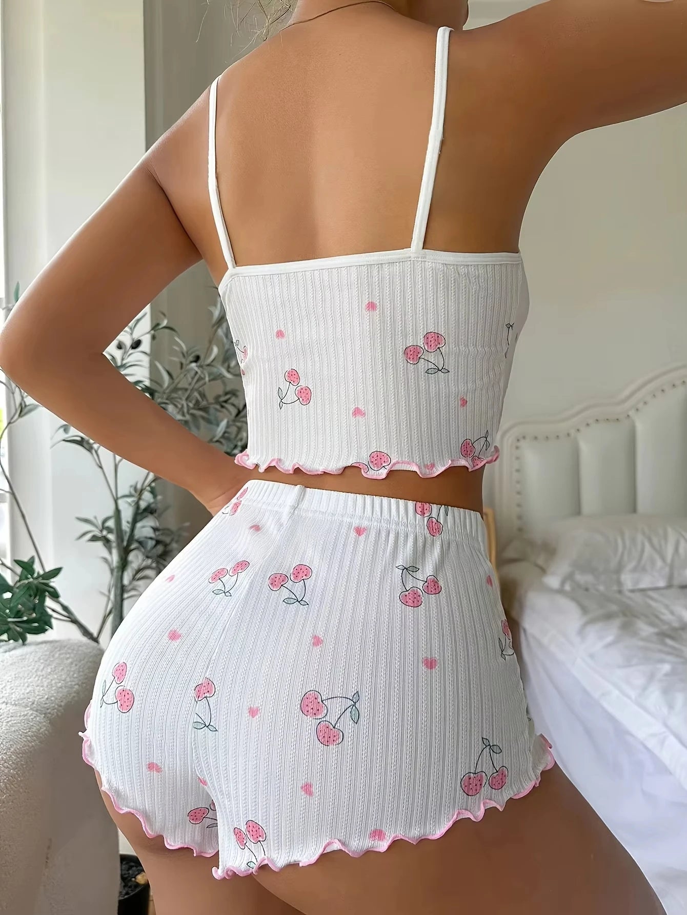 Women’s Summer Pajama Set - Heart Print Ribbed Cami Top & Shorts Nightwear with Bow Detail and Backless Design