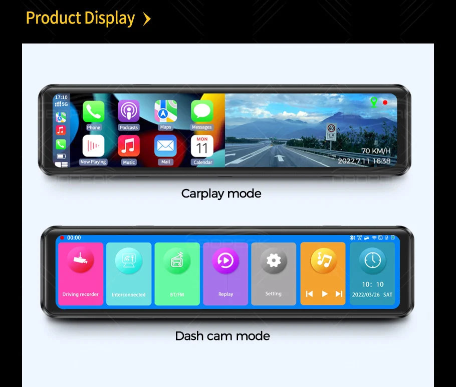 OBDPEAK K4 11.26" Rearview Mirror Dash Cam - 4K 3840x2160P, CarPlay, Android Auto, WIFI, GPS Navigation, Video Recorder