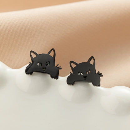 Jisensp Cartoon Cat Earrings — Cute Stainless Steel Kitten Studs for Women & Girls, Funny Animal Jewelry