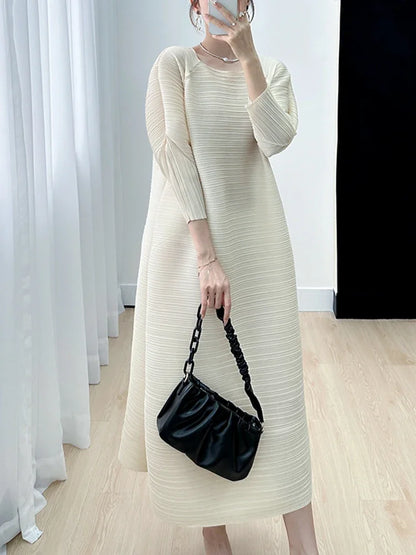 2023 Women's Miyake Pleated Long Dress – Full Sleeve, Round Neck, Korean Fashion, Plus Size Summer Style