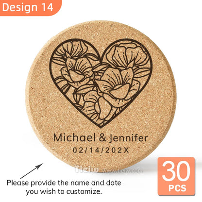 30-Piece Personalized Cork Coaster Set - Custom Tie Design Wedding Favors, Bridal Shower Gifts and Corporate Party Keepsakes