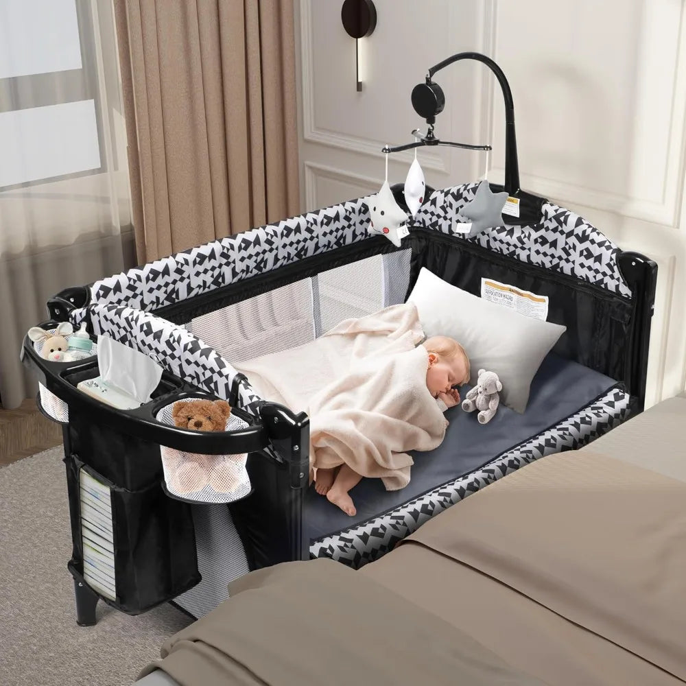 5-in-1 Portable Pack and Play Bassinet — Bedside Sleeper with Diaper Changer, Storage Bag & Music Box