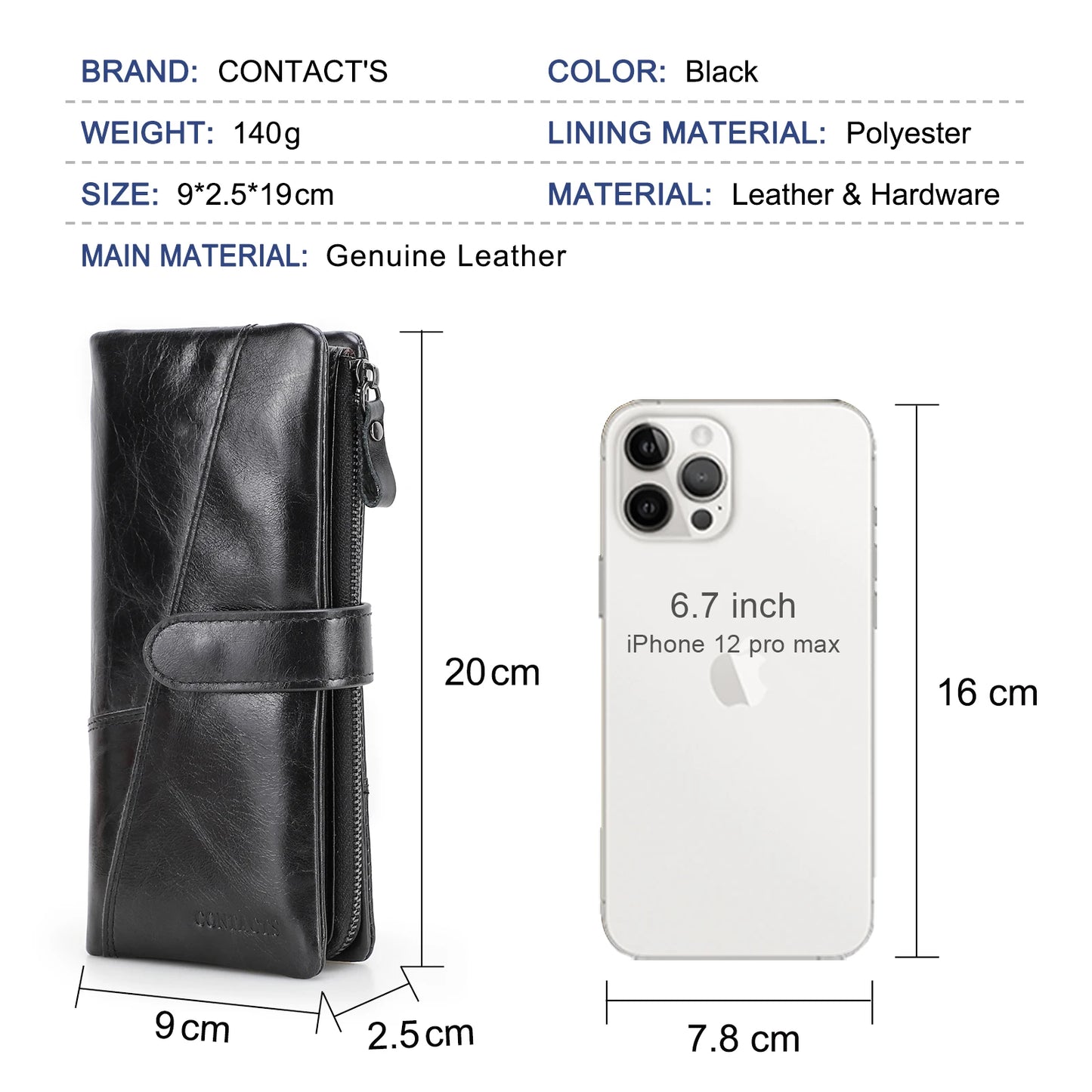 CONTACT'S Genuine Leather Men’s Long Wallet – Phone Bag with Zipper Coin Pocket, Clutch Purse & Small Wallet