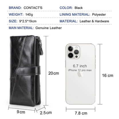 CONTACT'S Genuine Leather Men’s Long Wallet – Phone Bag with Zipper Coin Pocket, Clutch Purse & Small Wallet