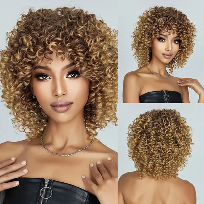 Brown Blonde Curly Synthetic Wig - Short Kinky Curly Afro Wig for Women, Glueless Cosplay Style
