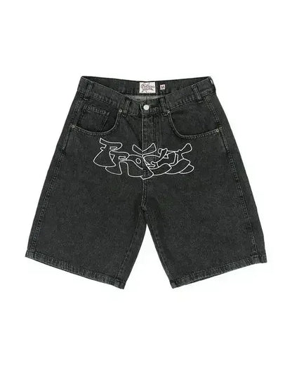 Unisex Y2K Rock Hip Hop Patchwork Denim Shorts – Retro Cartoon Pattern Baggy Casual Basketball Fitness Shorts