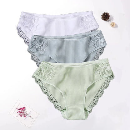 Floral Lace Cotton Women’s Panties - Comfortable Briefs, Solid Color Underwear, 3PCS/Set, Sizes M-XXL