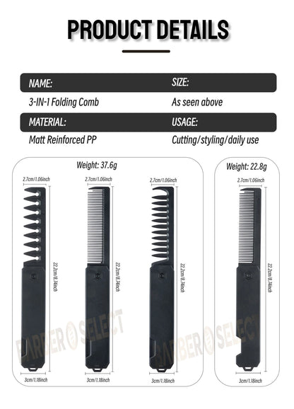 Newest 1/2/3-in-1 Portable Folding Comb – Wide Tooth Barber Clipper, Mini Beard & Hair Combing Styling Tool