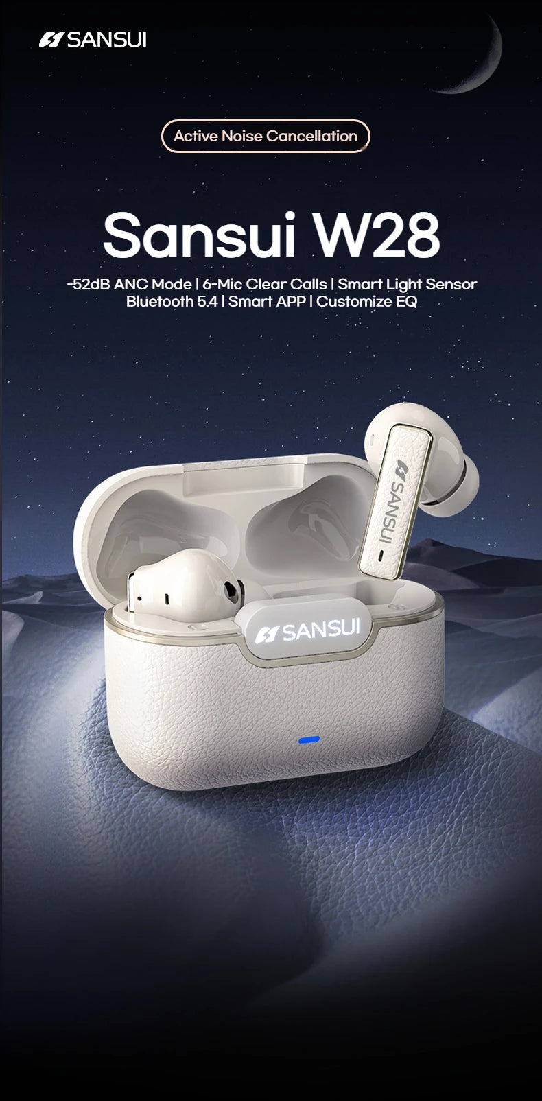Sansui ANC Bluetooth TWS Earbuds – True Wireless Earphones with -52dB Active Noise Cancelling, Bluetooth 5.4, 6 Mics & HD Calls