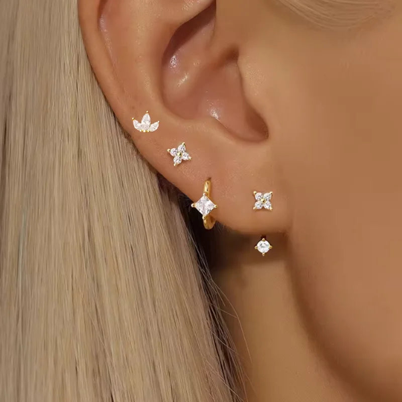 4PCS Women’s Zircon Small Hoop Earrings Set – Stainless Steel Heart, Moon & Flower Huggie Pendant Piercing Jewelry