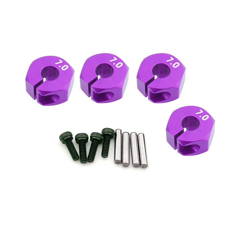 4PCS Aluminum Wheel Hex Hubs — 12mm Drive with Pins & Screws, 5/6/7mm Thickness for RC Cars, Crawlers, HSP, Tamiya, SCX10 & Slash