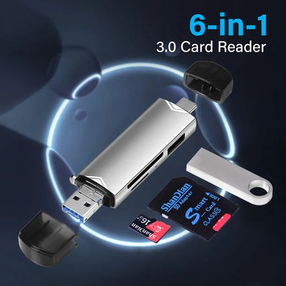 JASTER 6-in-1 USB 3.0 Card Reader – Type-C/USB TF/SD Adapter Flash Drive for Phone & Laptop