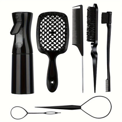 7PCS Hair Styling Kit – Detangler Brush, Bristle & Double-Sided Edge Brushes, Scalp Massager for All Hair Types, Salon Tools Set