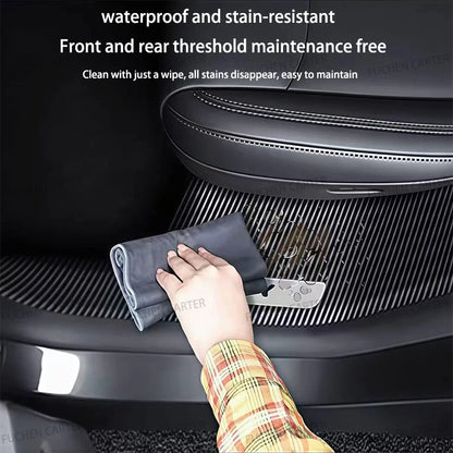 Tesla Model Y Juniper 2025–2026 Metal Logo Door Sill Protectors – Front and Rear Anti-Kick Threshold Guard Strips