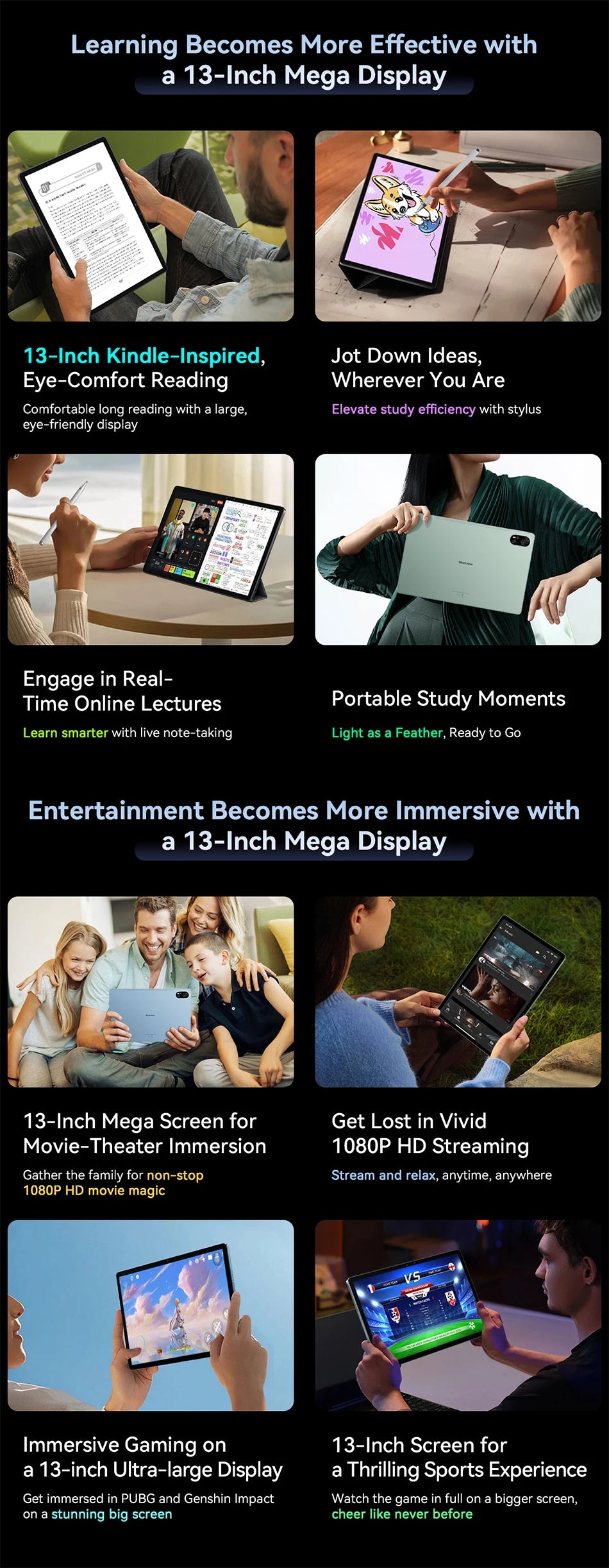 Blackview MEGA 8 Tablet – 13" FHD+ 90Hz Display, 11000mAh, Android 15, 50MP Camera, 4 Speakers, 4G Pad PC