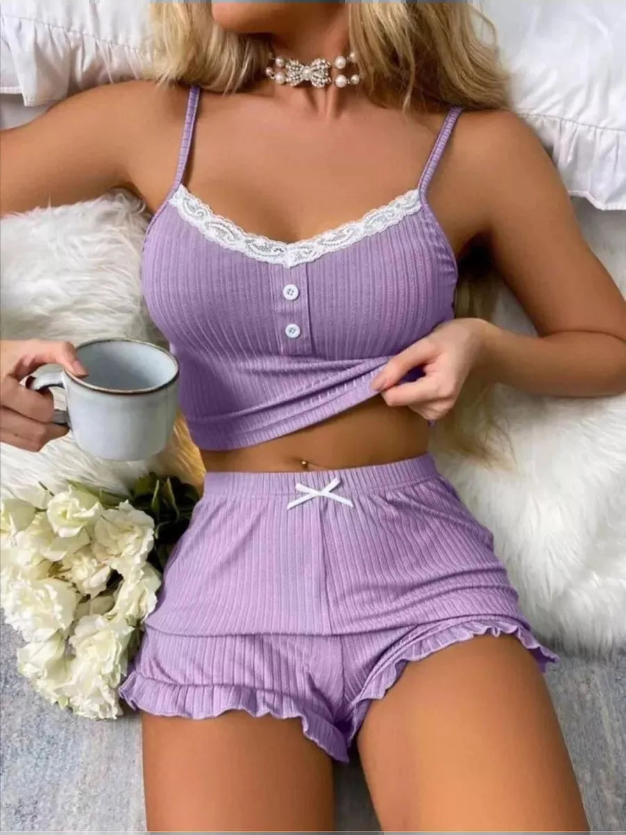 Women's Lace Cami Pajama Set – Sexy Summer Sleepwear with Button Top & Ruffle Shorts 2-Piece