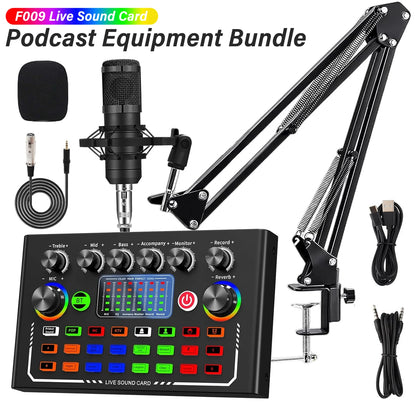F009 Live Sound Card Broadcast Kit - Bluetooth DJ Audio Mixer with Microphone Set for Smartphone Live Streaming & Recording